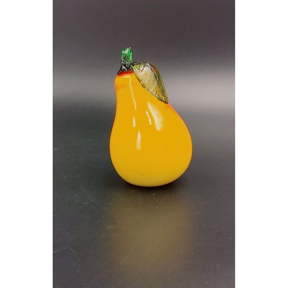 Vintage Art Glass Pear Paperweight Hand Blown Orange Yellow MCM Figurine Display